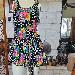 Vintage BROOKS ATELIER NY Black Floral Rayon Belted Mini Skirt Dress Size 5